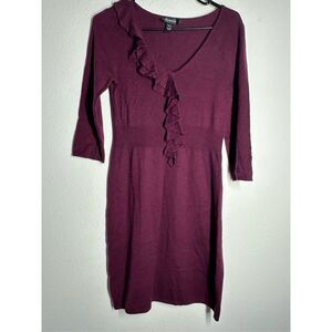 Spense Ruffle V-Neck 3/4 Sleeve Dress Wine Heather Women's Sz S Wool Blend